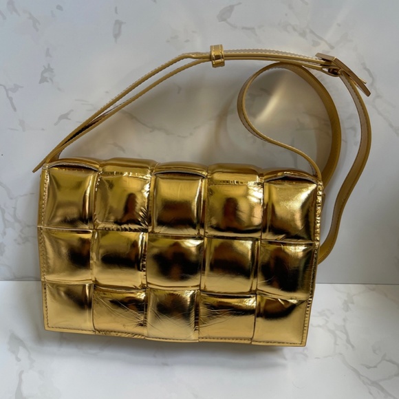 Bottega Veneta Metallic Lambskin Padded Cassette Crossbody Bag Gold